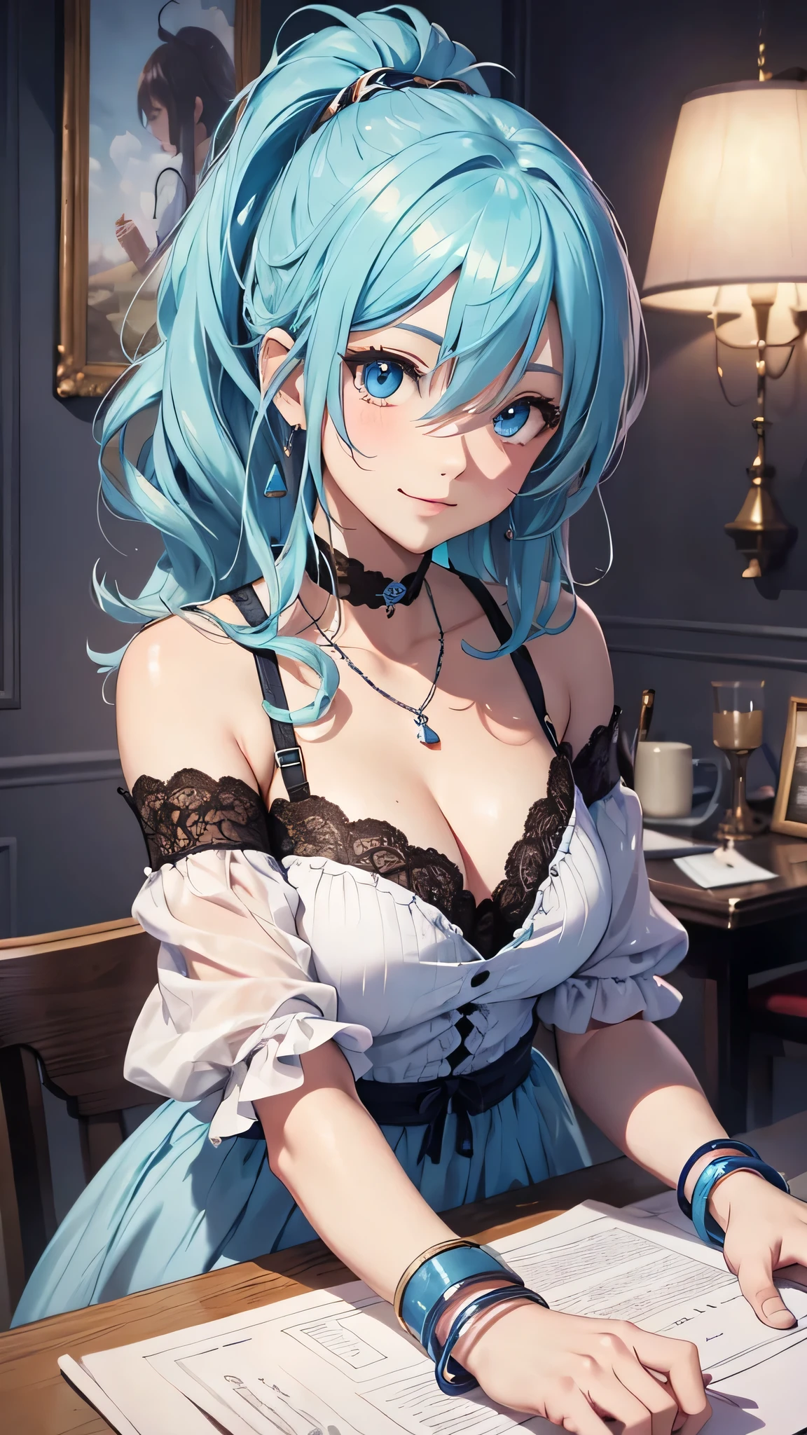 最high quality、Best image quality、masterpiece、With a girl((cute、18-year-old、Best Bust、Medium Bust、Beautiful Blue Eyes、Spread your chest wide,Pastel Hair、ponytail、Disheveled Hair、thin、Highest Valley、Pastel Dress、smile、necklace、Wristband、))high quality、Beautiful art、background((Pastel Room)),Tabletop、Exquisite design、Visual Arts、Written boundary depth、Best lighting、Highest detail、8k