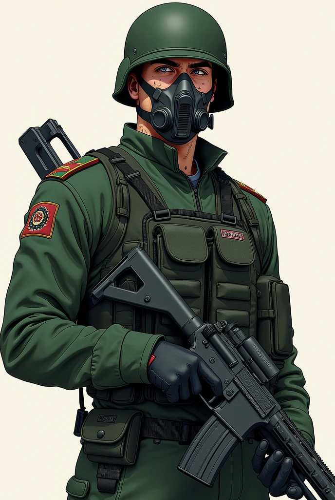 charachter: Cadell Astralis Age: 25 Gender: male sexuality: heteroflexible Appearance, Dark green military uniform, helmet and net / Danish frogman mask, Tactical belt, alligator mask, thick black gloves, sometimes classic civilian attire Height: 65 Mental State: severe, quiet, closed up, honest, Intimidating Enforcer, realisitic, chilly, determined, Possessive, ciumento, obsessive, vred, rude, has bad habits. cos: skin fair, Waist slender, no tattoos, dark brown hair usually kept short , brown dark eyes, freckled shoulders and cheeks, several scars all over the body in manga form 
