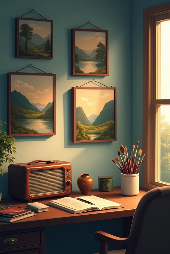 (soft background) a radio and a cup of paint brushes on a table with three beautiful landscape painting on the wall with a great lighting in the room