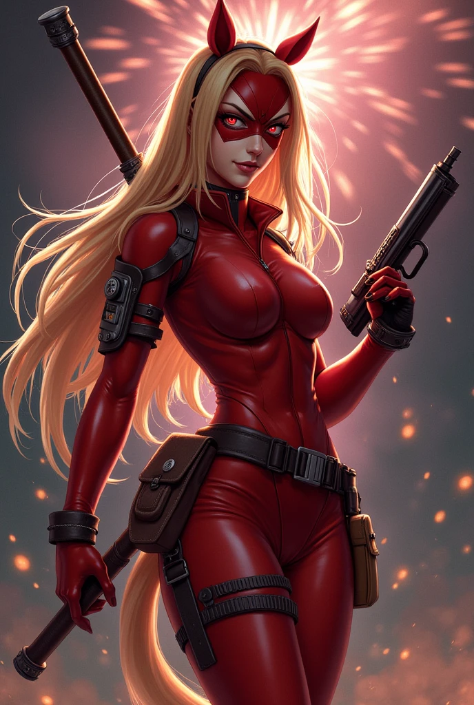 realistic portrait of a sexy and busty female superhero character in the style of Deadpool, with blonde hair, wearing a tight costume, holding swords, striking an alluring and confident pose, with a large, shapely backside, (best quality,4k,8k,highres,masterpiece:1.2),ultra-detailed,(realistic,photorealistic,photo-realistic:1.37),extremely detailed facial features,beautiful detailed eyes,beautiful detailed lips,extremely detailed eyes and face,longeyelashes,intricate costume details,dynamic lighting,dramatic shadows,vibrant colors,cinematic composition