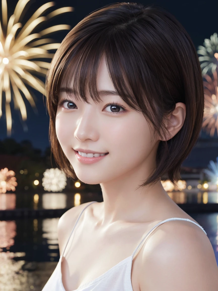 masterpiece、Highest quality、High resolution、Japanese women、(RAW Photos, Highest quality), (reality, Realistic:1.4) Tabletop、wallpaper、reality的、Bright lighting、Professional Lighting、Face Light、Smooth lighting、Adult、sexy、Sunburned skin、very detailed eyes and face, Beautiful and detailed nose, beautiful eyes, Perfect Anatomy、short hair、Brunette Hair、Iris、A cool smile、 Looking up at fireworks