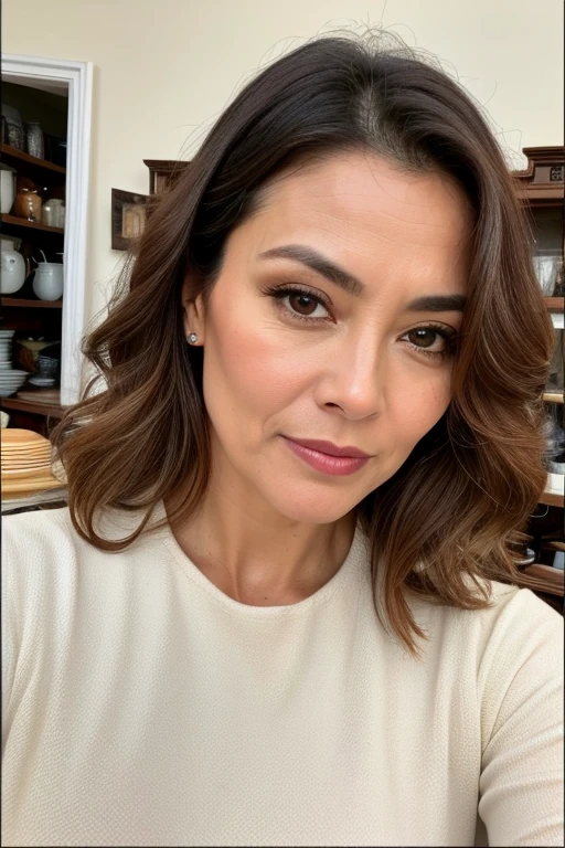 beautiful woman of 45 years old, looking directly at the camera, very realistic, instagram selfie, closeup face, , film grain, fit muscular body, big breasts, focus on face, clothes too tight, disappointed in viewer Gold eyes, Red、Wave Vintage Dress、Antique Shop Vintage Style、Retro (((White)))