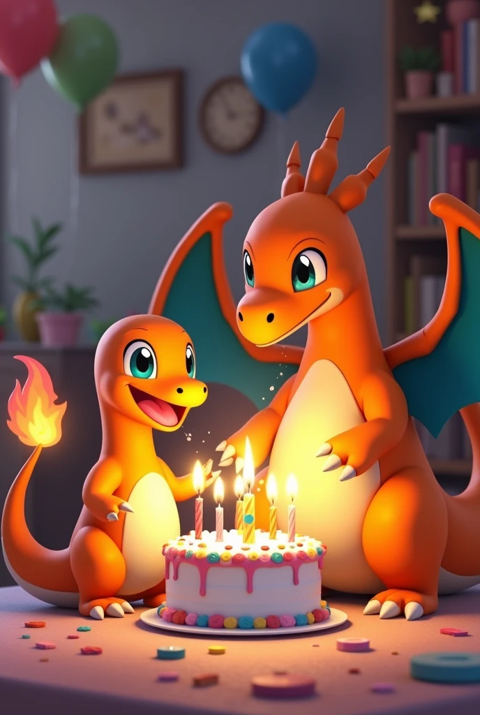 Pokémon Charmander and Charizard blowing out their birthday candles 