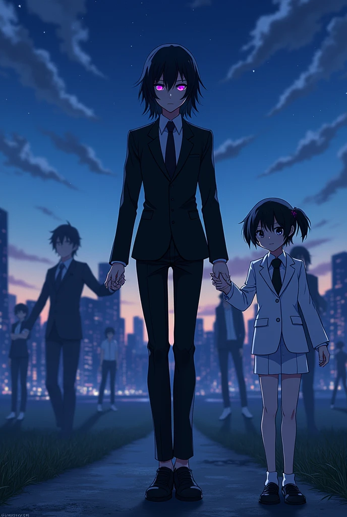An anime character that looks nice that looks dangerous with medium long black hair and light purple eyes with a Sojiro Joshima style suit, the color of the character's black suit with dark hair style of Lance Crown and that has a Dazai style eye design with a background of a dusk landscape with the brightness of the blue stars with buildings that look good like a demon and also that has black shoes, serious and psychopathic personality, Okita version that looks white that looks lonely ready to escape running with a girl in a white Scissor Seven Tertin style suit with a Brunilda style tuft from Record Of Ragnarok holding hands with the rest of the Assassins very cute and surrounded by bad characters who want to end him