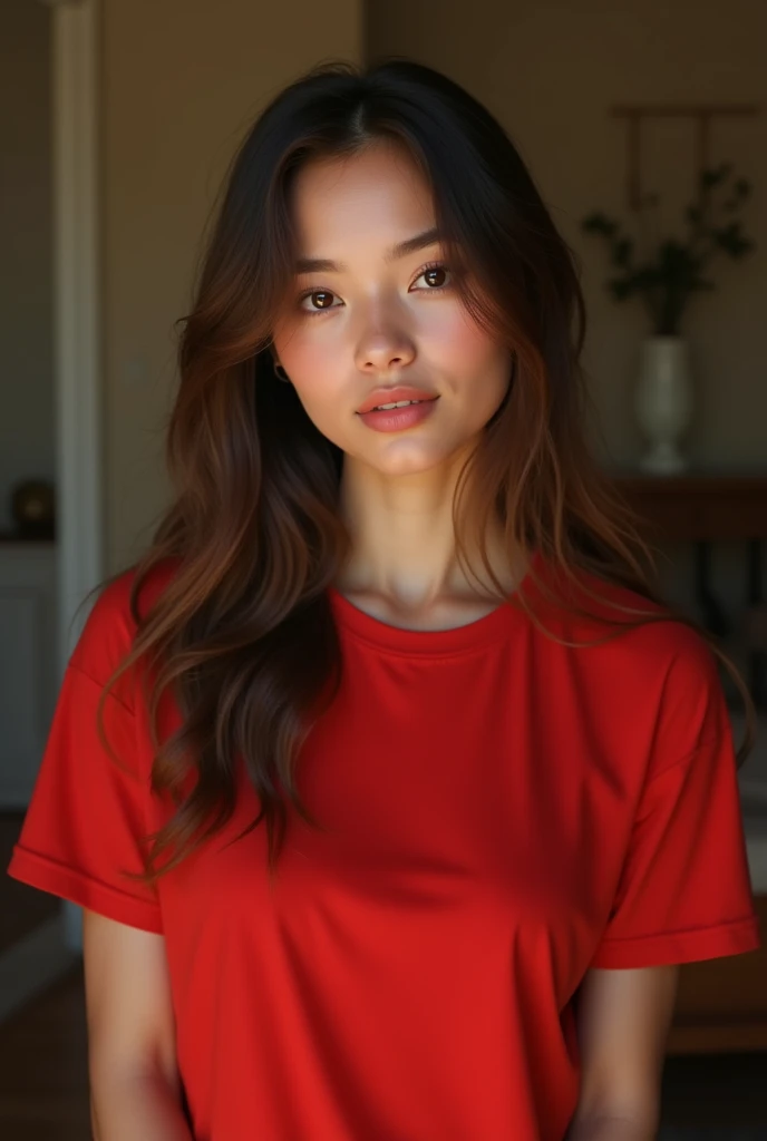 A 24 year beutiful women red t shirt master piece realism girl home.