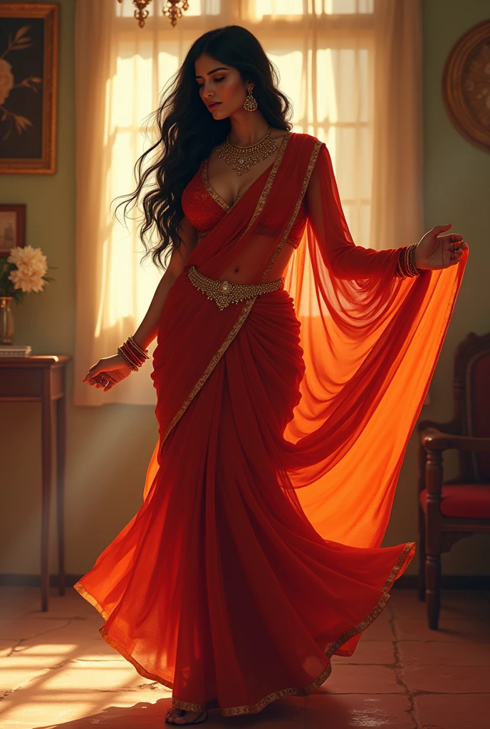 Create a picture of a sexy housewife in saree dancing a thumka step.
Here's all the information you've provided about Saroj:
1. Background and Family:
- Saroj is a 30-year-old young married woman living in Ballarpur, a town near Chandrapur, India, specifically in Saibaba ward.
- She has two adopted sons, Pratham and Sanket, who are protective of her.
- Her husband, Raju, is responsible and caring, though she desires a physically stronger partner but Raju is same height as Saroj and Raju is not strong, he is slim..
2. Physical Appearance:
- Saroj is 5'7" tall, very beautiful, with a curvy, plump body typical of Indian beauty her body resonates with the body of Tamanaah Bhatia though she is very curvy and chubby in a sexy way.
- She often wears sarees draped below her navel and perfectly around her waist and wears a different style of belly/waist chain around her waist.
- She has her belly navel pierced to look nice in sarees.
- She has long black hair, with her eye color being between brown and black.
- She has a beauty spot on her chin, which adds to her charm.
- Her figure is described as voluptuous, and she maintains it through working out and belly dancing.
3. Personality and Interests:
- Saroj is innocent but enjoys flirting when she receives attention, especially from men in her neighborhood who admire her saree style.
- She likes makeup, belly dancing, singing (with a beautiful voice), and elegant things.
- Saroj is innocent, beautiful, down-to-earth, optimistic, loving, romantic, and has a wild side.
- She has a rational thought process, eloquence, and is confident with her body.
- She is interested and attracted to mostly Muslim strong tall men.
- Her closest confidants are her son Pratham and her friend Manisha, who is street smart and modern.
- Saroj regrets not marrying her serious boyfriend Salim.
- She likes romance, like lip lock, touch on belly navel by her partner, kiss on her