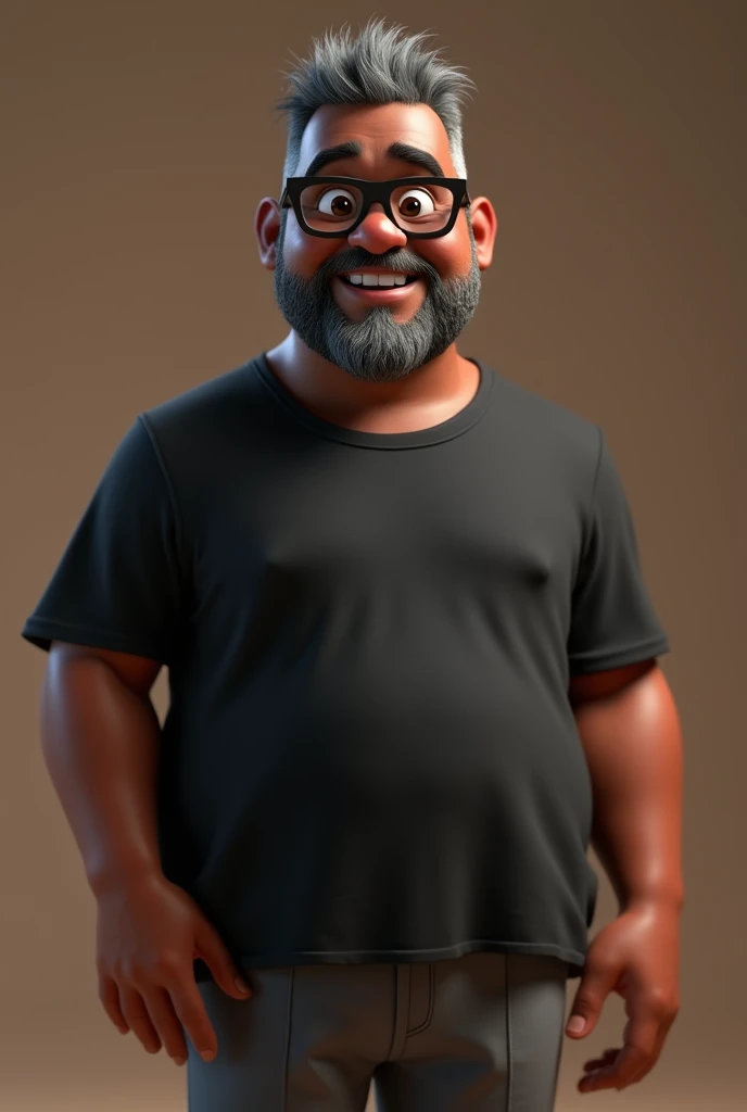 Cartoon character of a middle-aged black man with very short hair, wearing black glasses. Stylized character, animation-style rendering, 3D stylized rendering, Arnold Maya render, 3D stylized render, toon Keyshot render, 3D character, 3D stylized rendering, cartoon character, character close-up, character pose, Pixar style, high quality, cinematic lighting, sharp focus, detailed texture, detailed skin, clay, bokeh, 8K. The man should have the following characteristics: A middle-aged man with a broad build and overweight, casually relaxed hands. His skin tone is dark brown with a warm undertone. He has only two prominent vertical wrinkles between his eyebrows. His beard is very short, trimmed, and sparse, with more white hairs on the chin and the rest being dark gray. His hair is gray, extremely short on top, styled to the right side, and shaved on the sides. He wears modern black glasses. His eyebrows are thick and well-defined, and his eyes are very dark brown, conveying warmth and friendliness. The man is dressed in an oversized black t-shirt and dark gray pants without a belt. Incorporate the following ancestry characteristics: 43% European (17% Iberian and 17% Western European, including Germany, France, and the Netherlands), 4% Sephardic Jewish, 3% Fennoscandian, less than 2% Balkan and Lapland and Volga-Ural, 41% from the Americas, 9% from the Middle East and Maghreb, and 7% from Africa.