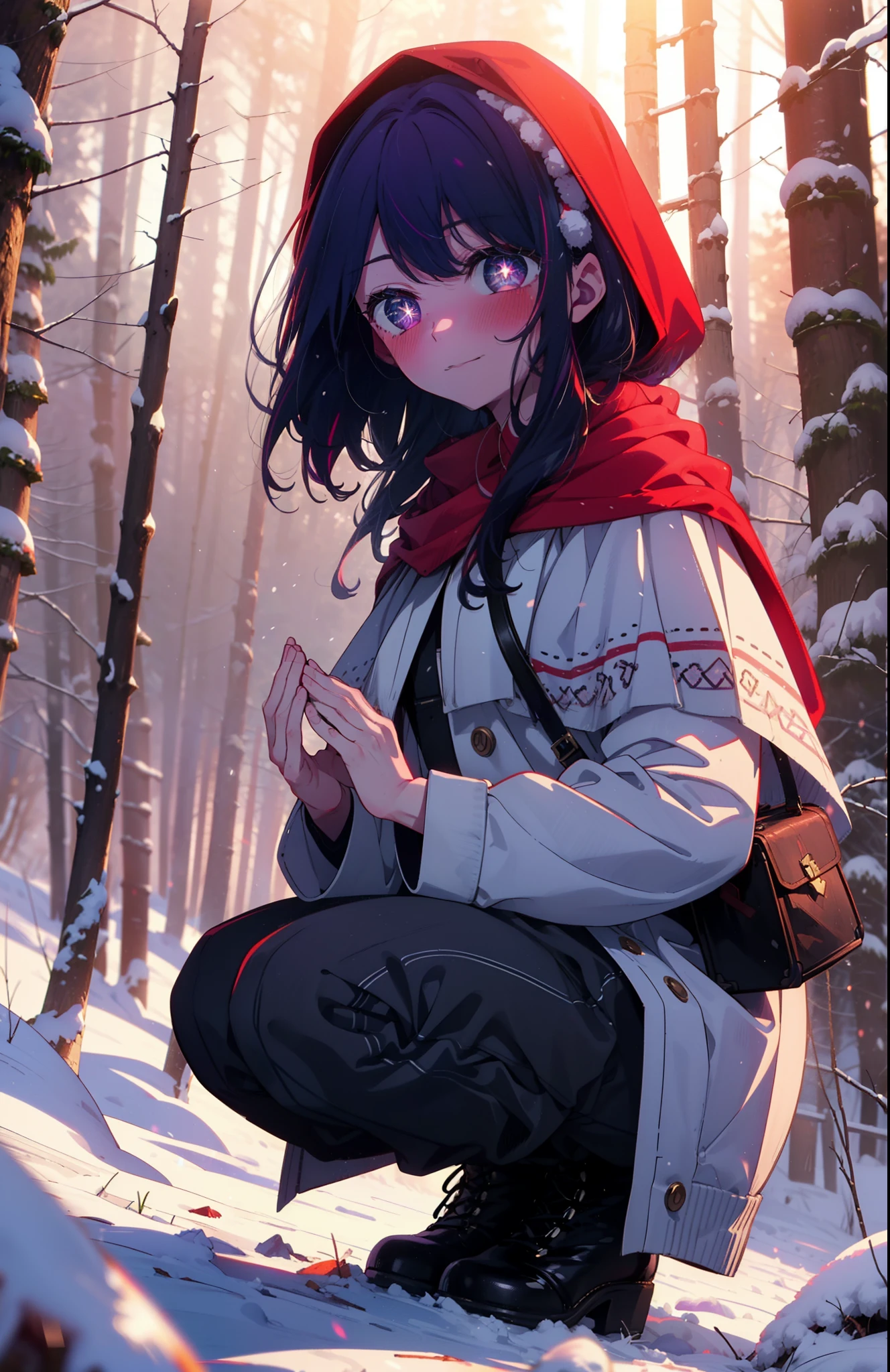 aihoshino, Ai Hoshino, Long Hair, bangs, (Purple eyes:1.1), Purple Hair, (Symbol-shaped pupil:1.5), smile,,smile,blush,white breath,
Open your mouth,snow,Ground bonfire, Outdoor, boots, snowing, From the side, wood, suitcase, Cape, Blurred, , forest, White handbag, nature, Squat, Mouth closed, Cape, winter, Written boundary depth, Black shoes, red Cape break looking at viewer, Upper Body, whole body, break Outdoor, forest, nature, break (masterpiece:1.2), Highest quality, High resolution, unity 8k wallpaper, (shape:0.8), (Beautiful and beautiful eyes:1.6), Highly detailed face, Perfect lighting, Highly detailed CG, (Perfect hands, Perfect Anatomy),
