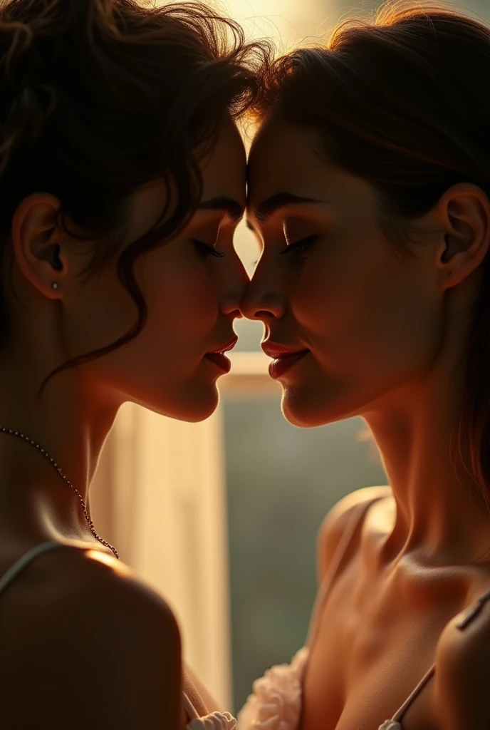 realistic portrait of two beautiful women in their 30s, intimate romantic couple, loving and passionate facial expressions, sensual body language, soft warm lighting, blurred background, highly detailed skin textures, expressive eyes, lush lips, chiaroscuro lighting, dramatic shadows, cinematic composition, elegant and sophisticated aesthetic, muted color palette, painterly style, fine art photography