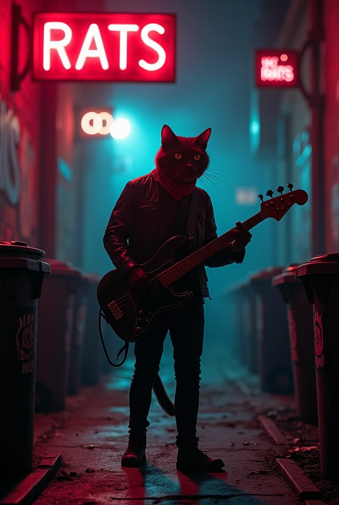 { "prompt": { "description": "A gritty, rebellious-looking alley cat is seen in silhouette with its back turned, holding a bass guitar. The scene is set in a dark, urban alley with graffiti-covered walls, trash cans, and neon signs spelling 'RATS'. The cat is partially cast in shadow, creating a moody and dramatic atmosphere. Steam rises from the alley vents, adding to the gritty ambiance. The video camera remains stationary while the steam moves, enhancing the sense of realism and atmosphere.", "camera_movement": "none", "environment": { "setting": "urban alley", "lighting": "dark, moody", "special_effects": "steam rising from alley vents" }, "character": { "name": "alley_cat", "appearance": "silhouette", "clothing": "leather jacket, bandana", "action": "holding bass guitar" }, "details": { "neon_sign_text": "RATS", "mood": "tough, street-smart" } } }