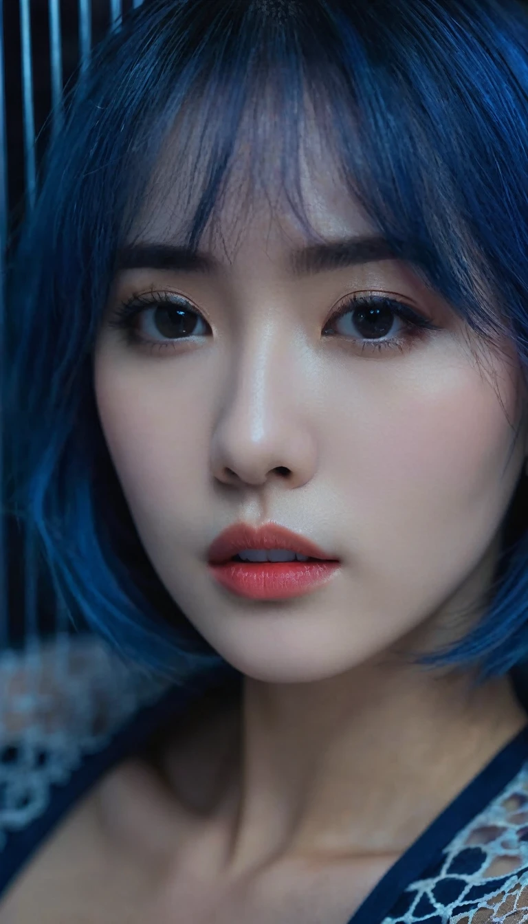 super Close up image to the lips of a shoulder length blue hair beautiful girl sitting on the sofa inside the bird cage, dark blue misty tone , cinematic color, 16K, UHD, K-Pop Style