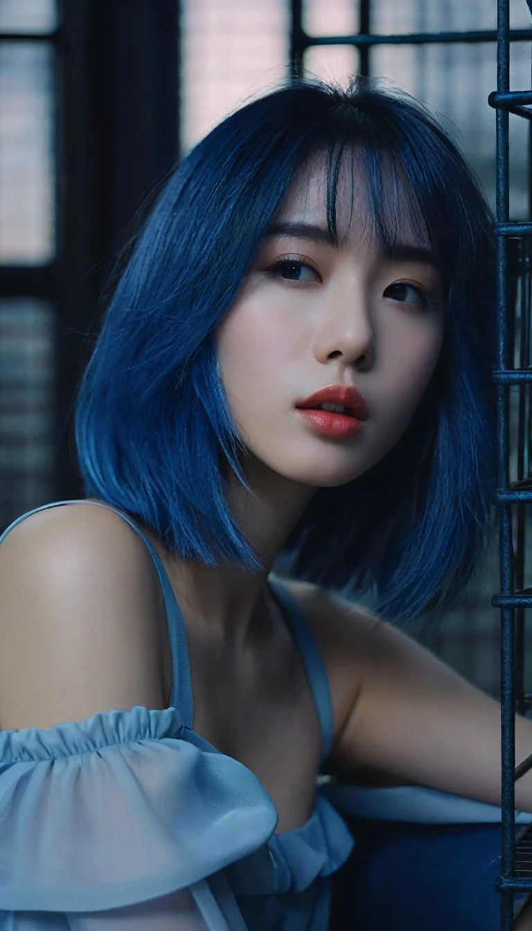 super Close up image to the lips of a shoulder length blue hair beautiful girl sitting on the sofa inside the bird cage, dark blue misty tone , cinematic color, 16K, UHD, K-Pop Style