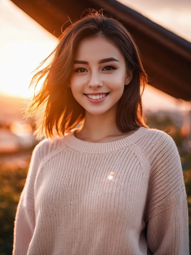 cinematic photo of sunset,cloudy sky,
yaya,1girl,light smile,front view,close shot,medium hair,virgin_killer_sweater,, 35mm photograph, film, bokeh, professional, 4k, highly detailed