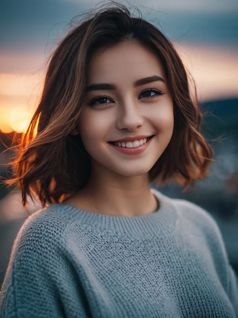 cinematic photo of sunset,cloudy sky,
yaya,1girl,light smile,front view,close shot,medium hair,virgin_killer_sweater,, 35mm photograph, film, bokeh, professional, 4k, highly detailed