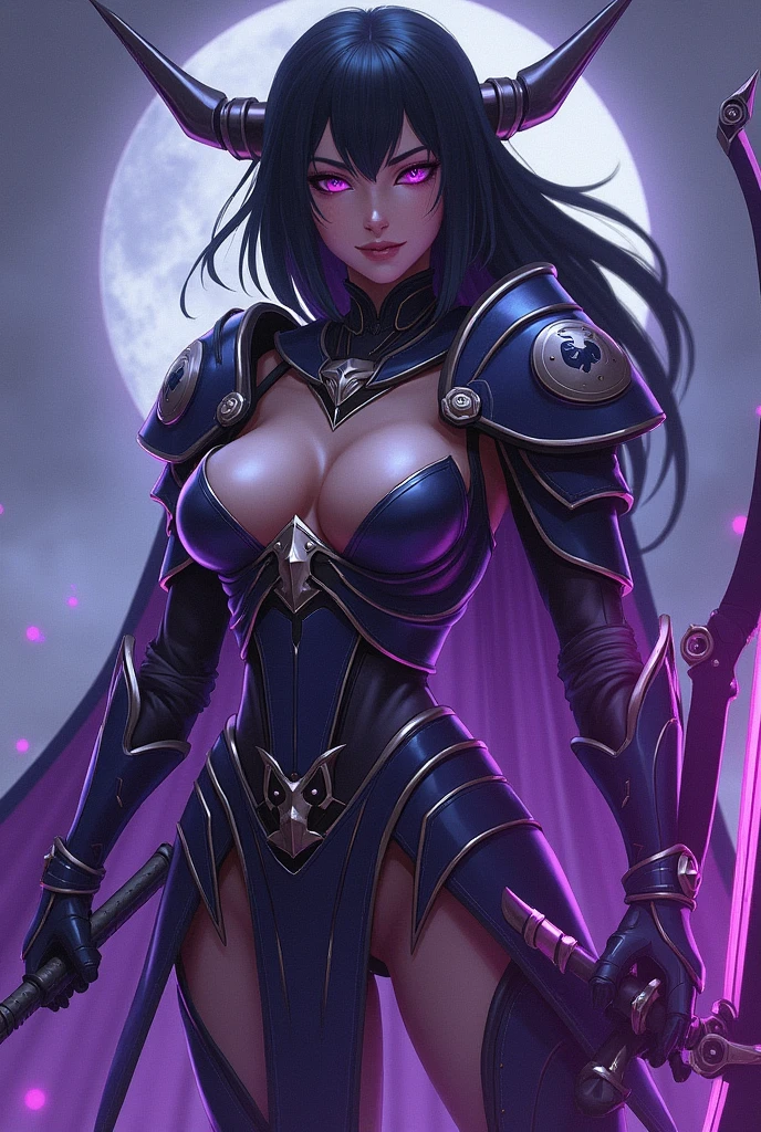 A woman with black hair and purple eyes, with armor, elsword, shield and bow of a space goddess.