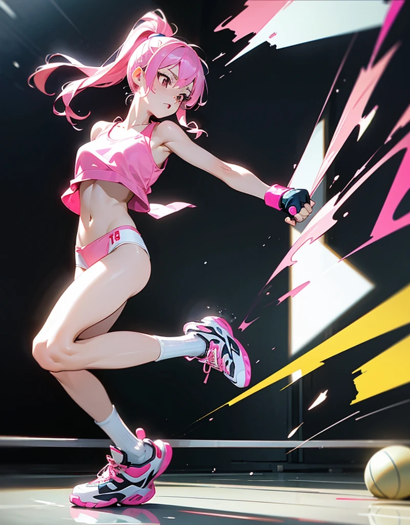 An ultra-detailed full-body illustration, style of 1980s Japanese comics, 8k resolutions, 1girl, solo slender leg, featuring of Blackpink, The character has striking pink hair partially concealed under a reflective pink hoodie, with pale skin and a slender physique. She is training intensely in a boxing ring, wearing retro athletic gear, including white crop-top with no bra, white sheer t-back bikini with no pant, black open-finger boxing gloves, and sneakers. The scene is vibrant with retro colors and dynamic lines, capturing the intensity of her workout while blending a sporty, fashionable, and retro aesthetic.