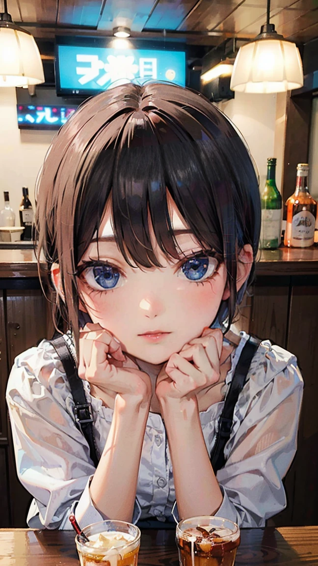 A girl drinking at a bar、OL、Cute gestures、Cute hairstyle(random)、Cute outfits(random)、sex appeal、Black Hair