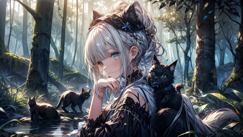 A girl is sleeping in a forest, surrounded by various animals. The girl has short hemp-colored hair and a well-defined face. Among the animals is a black cat.