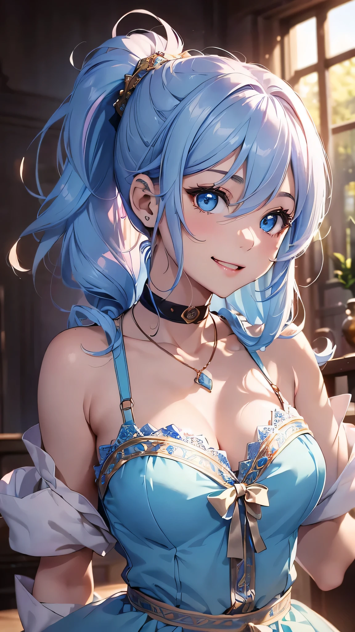 最high quality、Best image quality、masterpiece、With a girl((cute、18-year-old、Best Bust、Medium Bust、Beautiful Blue Eyes、Spread your chest wide,Pastel Hair、ponytail、Disheveled Hair、thin、Highest Valley、Pastel Dress、smile、necklace、Wristband、))high quality、Beautiful art、background((Pastel Room、Live Performance Venues)),Tabletop、Exquisite design、Visual Arts、Written boundary depth、Best lighting、Highest detail、8k