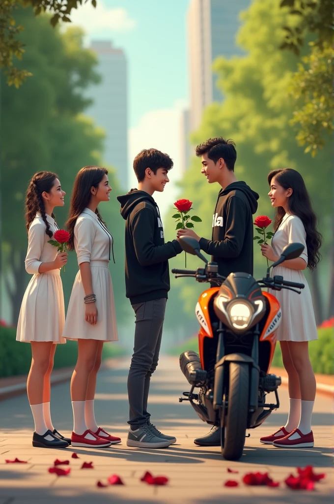 - A real 16 year old four cute Indian school girls proposing rose giving to 16 years old cute two boy and smile black side KTM bike a street, the boy is wearing black hoodie written bold name “AMIT yadav”and girl wearing white school uniform, girl looking at camera, watch, stylish hair ,ladies shoes, background big park greentrees plants fields, 16K Ultra Quality Image
School Girl Proposing In Barish Ai Photo Editing