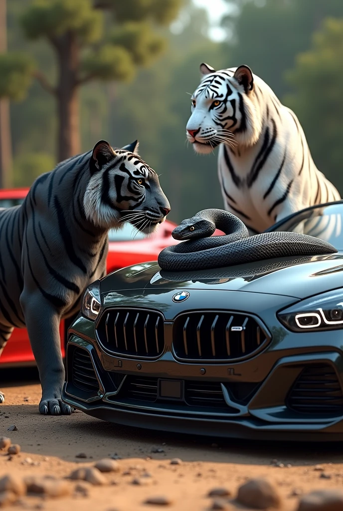 Realistic bmw car and Benz car , black tiger next to car , white tiger next to car , black cobra snake on car hood