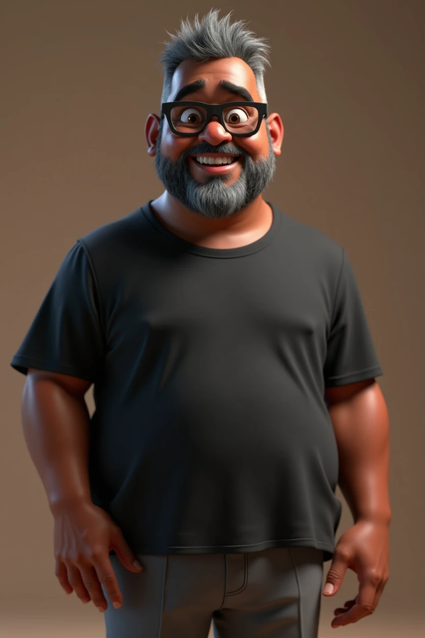 Cartoon character of a middle-aged black man with very short hair, wearing black glasses. Stylized character, animation-style rendering, 3D stylized rendering, Arnold Maya render, 3D stylized render, toon Keyshot render, 3D character, 3D stylized rendering, cartoon character, character close-up, character pose, Pixar style, high quality, cinematic lighting, sharp focus, detailed texture, detailed skin, clay, bokeh, 8K. The man should have the following characteristics: A middle-aged man with a broad build and overweight, casually relaxed hands. His skin tone is dark brown with a warm undertone. He has only two prominent vertical wrinkles between his eyebrows. His beard is very short, trimmed, and sparse, with more white hairs on the chin and the rest being dark gray. His hair is gray, extremely short on top, styled to the right side, and shaved on the sides. He wears modern black glasses. His eyebrows are thick and well-defined, and his eyes are very dark brown, conveying warmth and friendliness. The man is dressed in an oversized black t-shirt and dark gray pants without a belt. Incorporate the following ancestry characteristics: 43% European (17% Iberian and 17% Western European, including Germany, France, and the Netherlands), 4% Sephardic Jewish, 3% Fennoscandian, less than 2% Balkan and Lapland and Volga-Ural, 41% from the Americas, 9% from the Middle East and Maghreb, and 7% from Africa.
