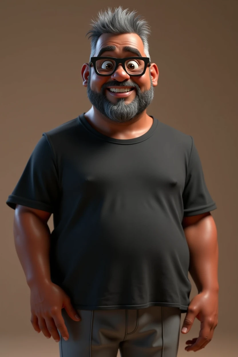 Cartoon character of a middle-aged black man with very short hair, wearing black glasses. Stylized character, animation-style rendering, 3D stylized rendering, Arnold Maya render, 3D stylized render, toon Keyshot render, 3D character, 3D stylized rendering, cartoon character, character close-up, character pose, Pixar style, high quality, cinematic lighting, sharp focus, detailed texture, detailed skin, clay, bokeh, 8K. The man should have the following characteristics: A middle-aged man with a broad build and overweight, casually relaxed hands. His skin tone is dark brown with a warm undertone. He has only two prominent vertical wrinkles between his eyebrows. His beard is very short, trimmed, and sparse, with more white hairs on the chin and the rest being dark gray. His hair is gray, extremely short on top, styled to the right side, and shaved on the sides. He wears modern black glasses. His eyebrows are thick and well-defined, and his eyes are very dark brown, conveying warmth and friendliness. The man is dressed in an oversized black t-shirt and dark gray pants without a belt. Incorporate the following ancestry characteristics: 43% European (17% Iberian and 17% Western European, including Germany, France, and the Netherlands), 4% Sephardic Jewish, 3% Fennoscandian, less than 2% Balkan and Lapland and Volga-Ural, 41% from the Americas, 9% from the Middle East and Maghreb, and 7% from Africa.