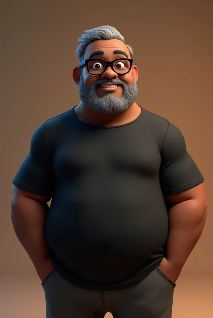 Cartoon character of a middle-aged black man with very short hair, wearing black glasses. Stylized character, animation-style rendering, 3D stylized rendering, Arnold Maya render, 3D stylized render, toon Keyshot render, 3D character, 3D stylized rendering, cartoon character, character close-up, character pose, Pixar style, high quality, cinematic lighting, sharp focus, detailed texture, detailed skin, clay, bokeh, 8K. The man should have the following characteristics: A middle-aged man with a broad build and overweight, casually relaxed hands. His skin tone is dark brown with a warm undertone. He has only two prominent vertical wrinkles between his eyebrows. His beard is very short, trimmed, and sparse, with more white hairs on the chin and the rest being dark gray. His hair is gray, extremely short on top, styled to the right side, and shaved on the sides. He wears modern black glasses. His eyebrows are thick and well-defined, and his eyes are very dark brown, conveying warmth and friendliness. The man is dressed in an oversized black t-shirt and dark gray pants without a belt. Incorporate the following ancestry characteristics: 43% European (17% Iberian and 17% Western European, including Germany, France, and the Netherlands), 4% Sephardic Jewish, 3% Fennoscandian, less than 2% Balkan and Lapland and Volga-Ural, 41% from the Americas, 9% from the Middle East and Maghreb, and 7% from Africa.