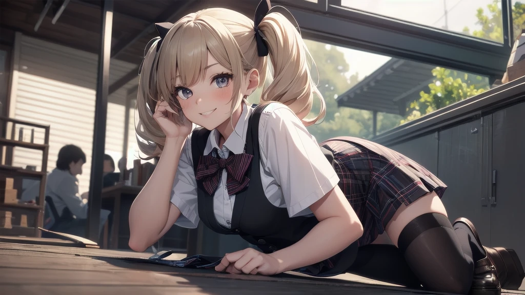 absurdres, absolutely resolution, incredibly absurdres, high res, high sharpness, ultra detailed, official art, unity 8k wallpaper,
BREAK
1 girl, soro, twintails, bow, cardigan vest, short sleeve shirt, plaid skirt, over black legwear, loafers, smile, Sexual girl, Dressy styles that are glamorous and pretty, with an emphasis on cuteness, pop designs