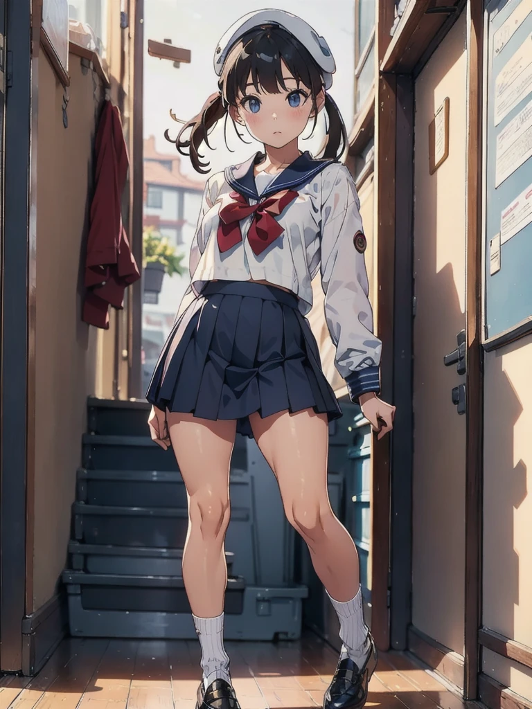 A woman in a uniform is posing for a photo, Photorealistic perfect body,Good young girl, Sailor suit、Navy blue mini skirt、beret、solo、