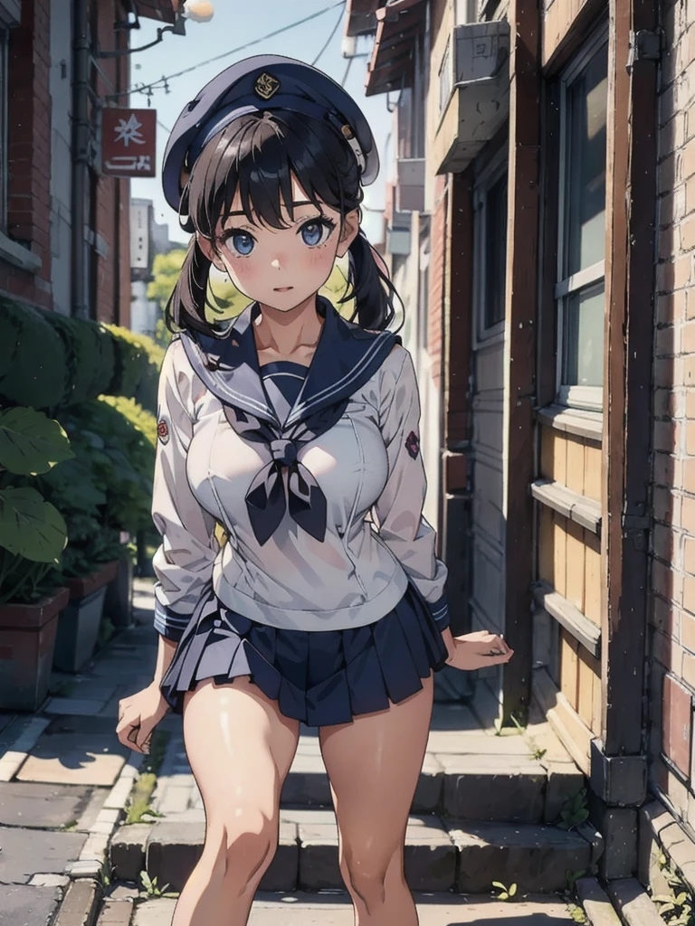 A woman in a uniform is posing for a photo, Photorealistic perfect body,Good young girl, Sailor suit、Navy blue mini skirt、beret、solo、