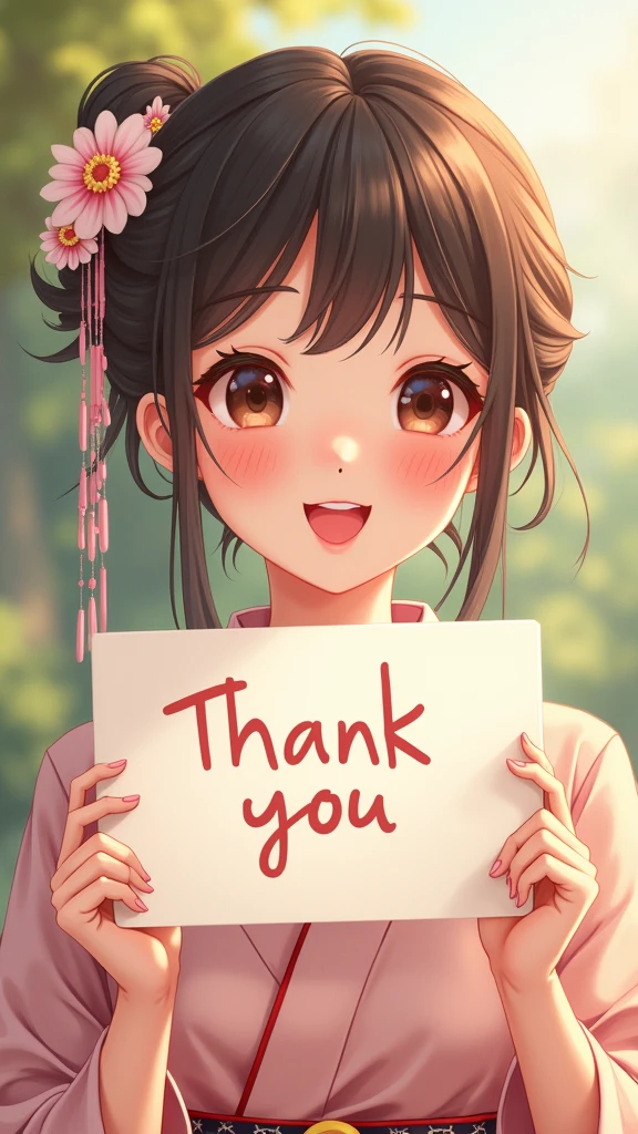 a beautiful and cute woman holding up a sign "Thankyou", joyful, happy, anime illustration, photorealistic, oil painting