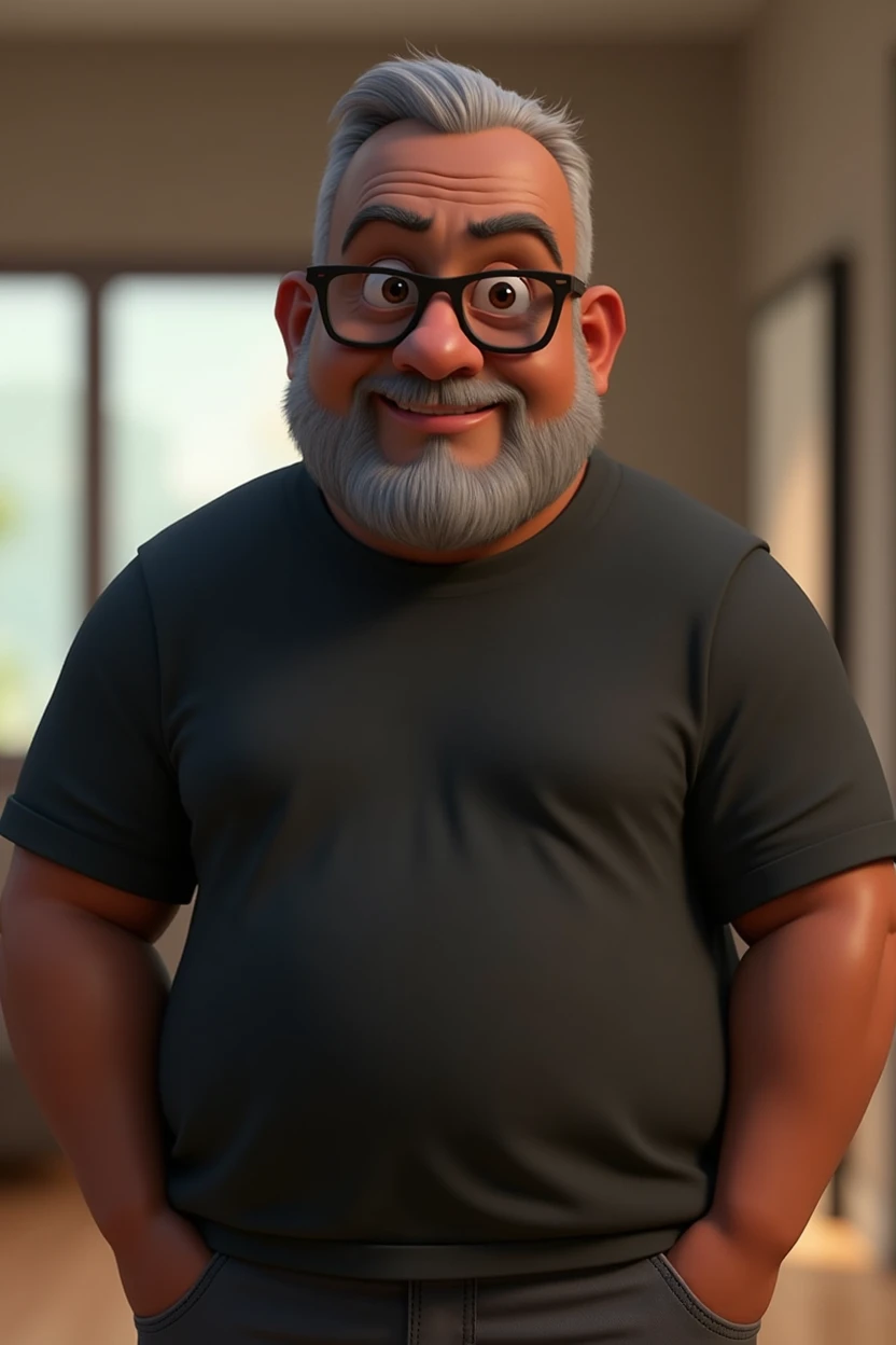 Cartoon character of a middle-aged black man with very short hair, wearing black glasses. Stylized character, animation-style rendering, 3D stylized rendering, Arnold Maya render, 3D stylized render, toon Keyshot render, 3D character, 3D stylized rendering, cartoon character, character close-up, character pose, Pixar style, high quality, cinematic lighting, sharp focus, detailed texture, detailed skin, clay, bokeh, 8K. The man should have the following characteristics: A middle-aged man with a broad build and overweight, casually relaxed hands. His skin tone is dark brown with a warm undertone. He has only two prominent vertical wrinkles between his eyebrows. His beard is very short, trimmed, and sparse, with more white hairs on the chin and the rest being dark gray. His hair is gray, extremely short on top, styled to the right side, and shaved on the sides. He wears modern black glasses. His eyebrows are thick and well-defined, and his eyes are very dark brown, conveying warmth and friendliness. The man is dressed in an oversized black t-shirt and dark gray pants without a belt. Incorporate the following ancestry characteristics: 43% European (17% Iberian and 17% Western European, including Germany, France, and the Netherlands), 4% Sephardic Jewish, 3% Fennoscandian, less than 2% Balkan and Lapland and Volga-Ural, 41% from the Americas, 9% from the Middle East and Maghreb, and 7% from Africa.