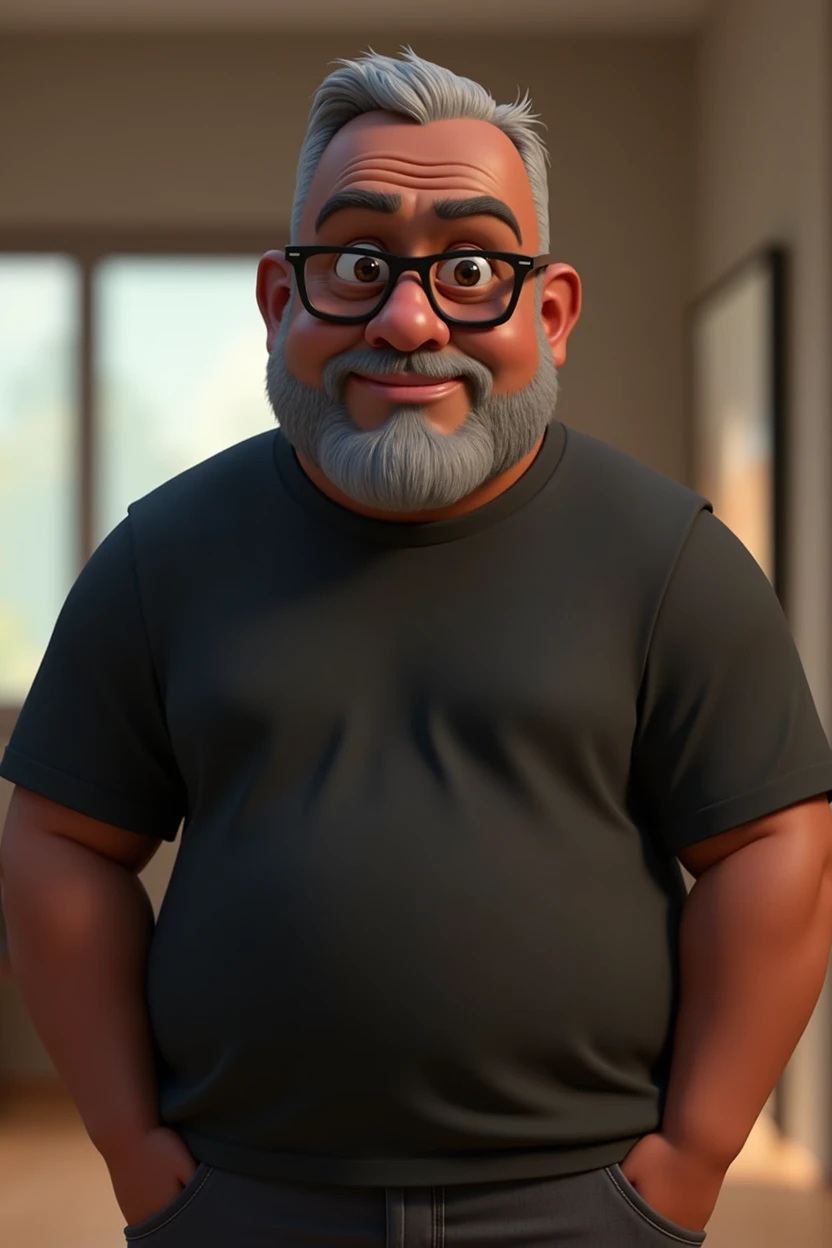 Cartoon character of a middle-aged black man with very short hair, wearing black glasses. Stylized character, animation-style rendering, 3D stylized rendering, Arnold Maya render, 3D stylized render, toon Keyshot render, 3D character, 3D stylized rendering, cartoon character, character close-up, character pose, Pixar style, high quality, cinematic lighting, sharp focus, detailed texture, detailed skin, clay, bokeh, 8K. The man should have the following characteristics: A middle-aged man with a broad build and overweight, casually relaxed hands. His skin tone is dark brown with a warm undertone. He has only two prominent vertical wrinkles between his eyebrows. His beard is very short, trimmed, and sparse, with more white hairs on the chin and the rest being dark gray. His hair is gray, extremely short on top, styled to the right side, and shaved on the sides. He wears modern black glasses. His eyebrows are thick and well-defined, and his eyes are very dark brown, conveying warmth and friendliness. The man is dressed in an oversized black t-shirt and dark gray pants without a belt. Incorporate the following ancestry characteristics: 43% European (17% Iberian and 17% Western European, including Germany, France, and the Netherlands), 4% Sephardic Jewish, 3% Fennoscandian, less than 2% Balkan and Lapland and Volga-Ural, 41% from the Americas, 9% from the Middle East and Maghreb, and 7% from Africa.