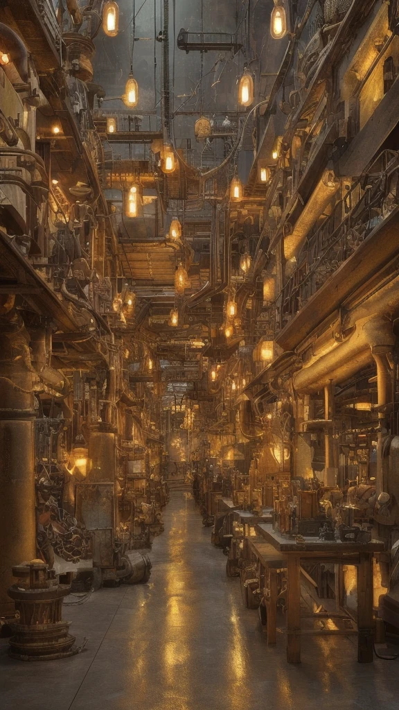 masterpiece, Highest quality, High resolution, Background only、Steampunk-style factory night view、Shining、golden pipes intersect、Pale white light、Looks like a photo、future的な工場、See the full picture、future、Beautiful lighting、There are gears、No portrait、8ｋwallpaper、Very detailed