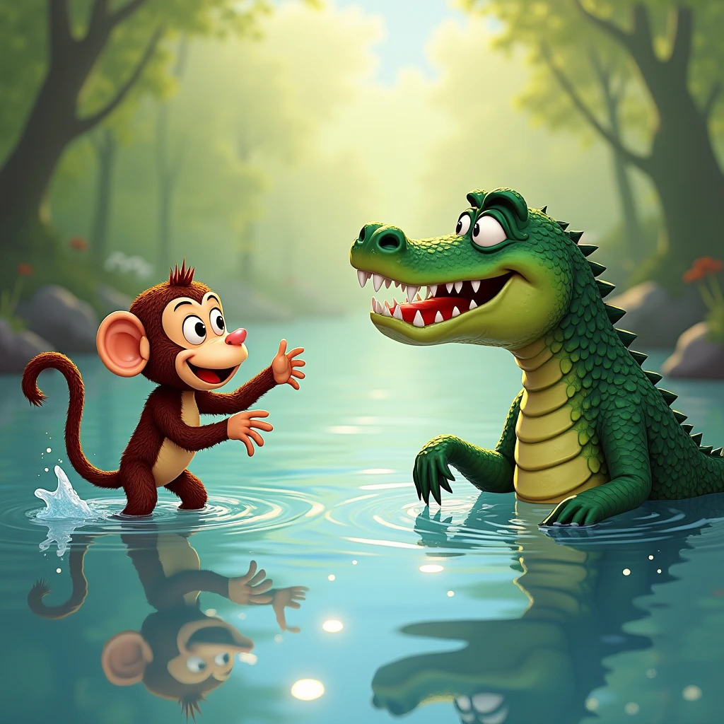 The crocodile inviting the monkey to swim in the river. The monkey looks curious and excited, while the crocodile has a sly, welcoming smile.