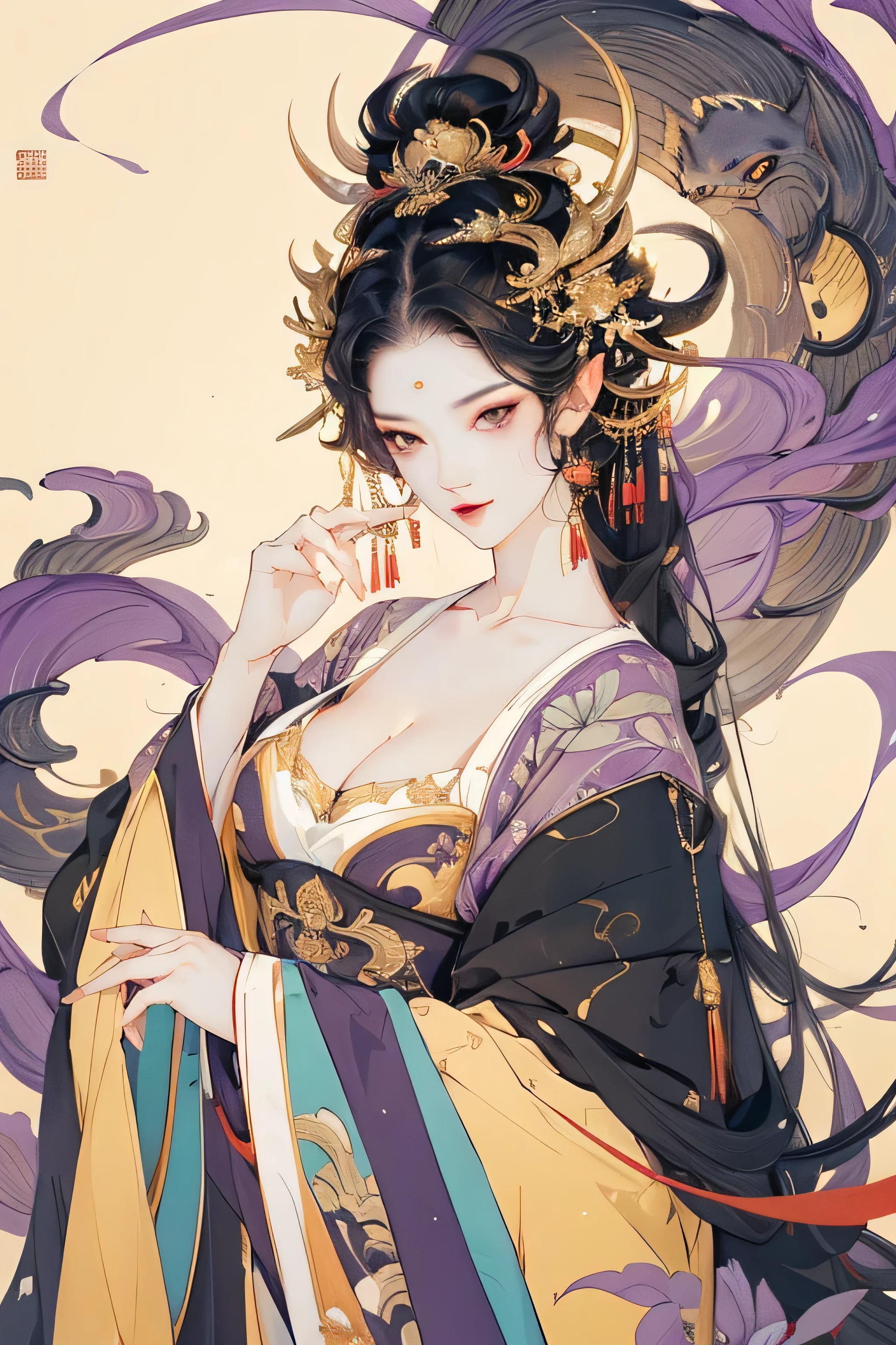 Spirit girl, sexy, bright eyes, black hair, two big horn, look at viewer, beatiful girl, seductive gaze, golden eyes, purple theme, eyeliner, chinese purple cloth, perfect girl, bauty girl, sexy girl, good body.