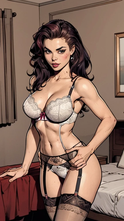 very detailed, Beautiful woman, Erotic seductress Carmen Electra, Sexy and tight lace lingerie, in a bedroom, art style by J. Scott Campbell, shiny skin, Thin waist, slender body, busty, very big breasts, perky tits, perfect booty, perfect and detailed eyes, full lips, garter belt, sheer thigh high stockings, shy and blushing face, high quality, ultra HD, SFW