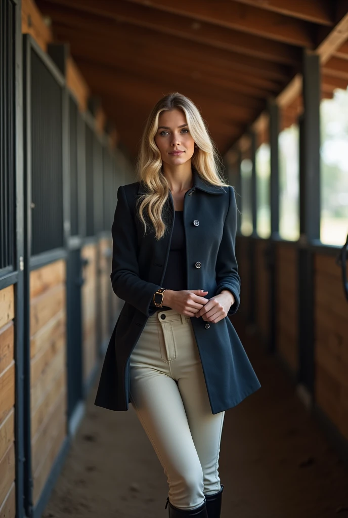 a american women, 24 years old, blonde hair, horse riding outfit, smartwatch am arm, im pferdestall,