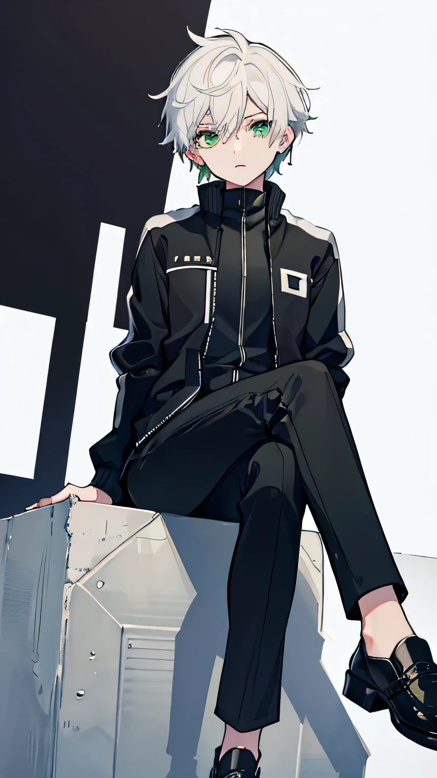 masterpiece, Facial details, Very detailed, 8k, Modern Style, ((One young man)), woman, Short white hair, Green Eyes, black track jacket, Black trousers, I can see the shoes, White Background, joy, sitting, partially unzipped,