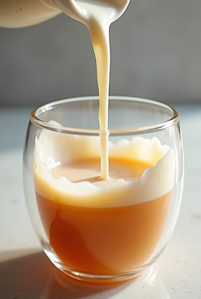 milk tea pouring drop and wave, close up, real