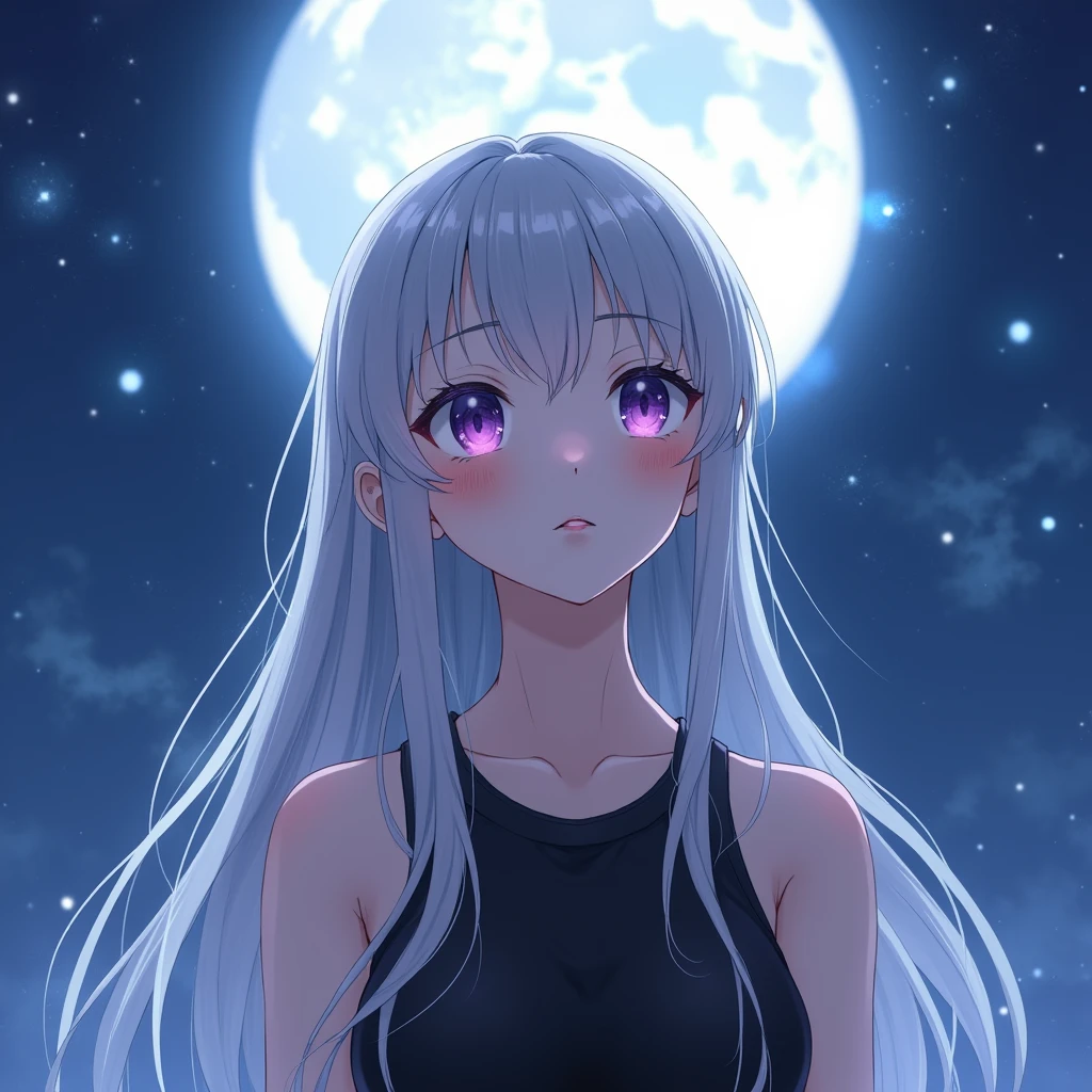 "A highly detailed anime-style portrait of a young girl with long, silver hair flowing down her shoulders. She has large, expressive purple eyes and a slight blush on her cheeks. She is wearing a black, sleeveless top, standing under a night sky illuminated by a bright, full moon."