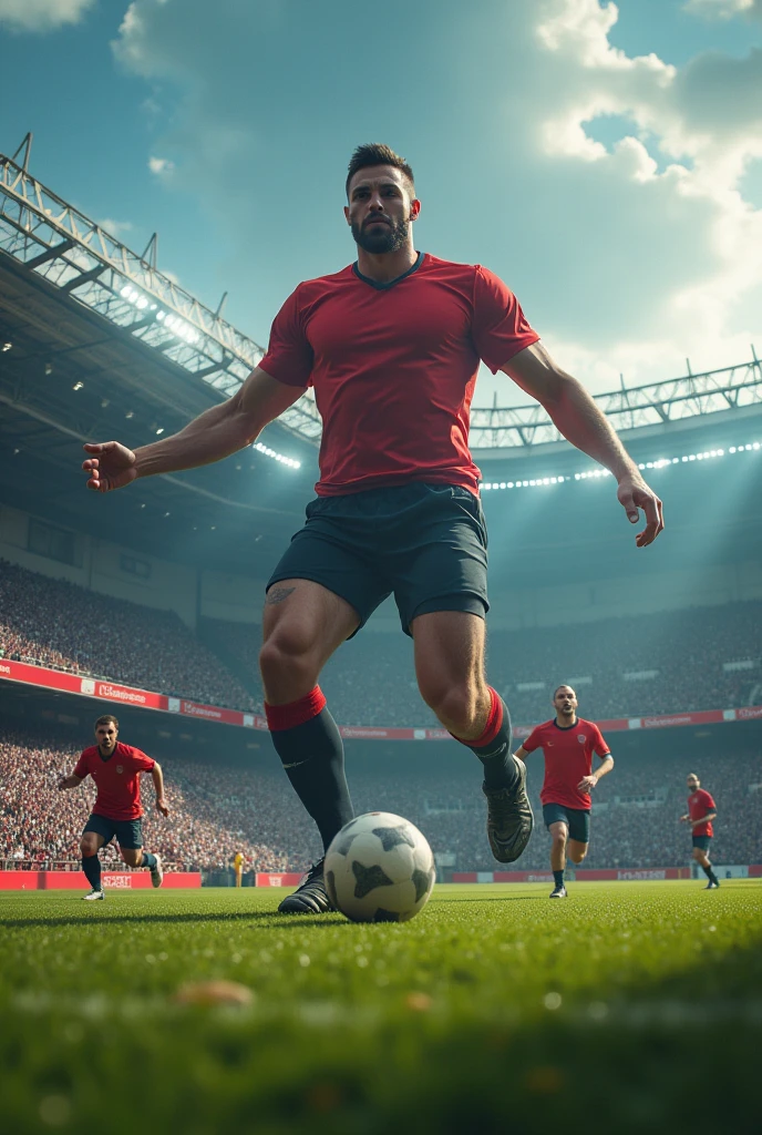 3 giant football players in the football stadium and the audience of 5cm tall people running around on the pitch, terrified by the feet of the giants
