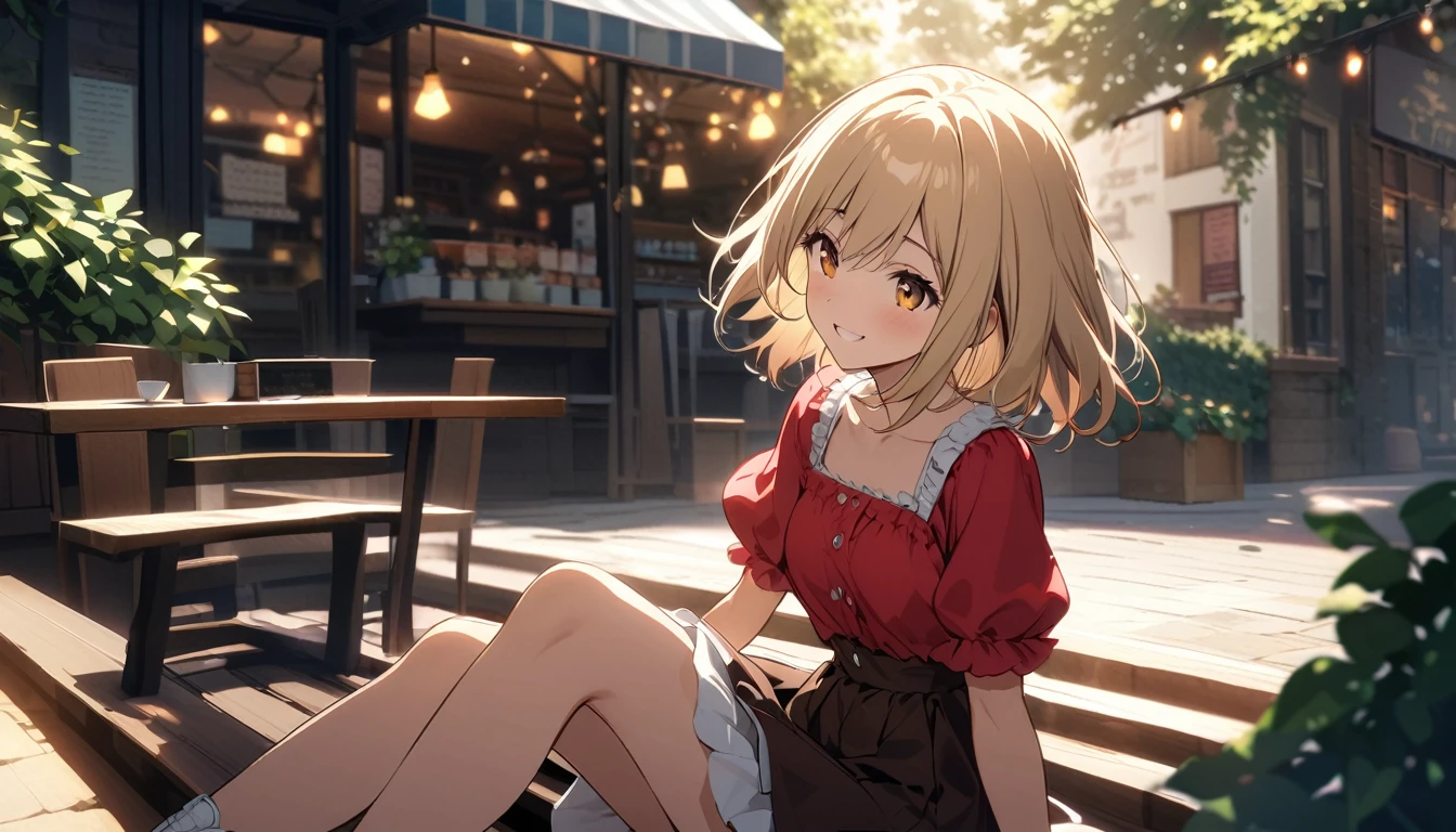 Highly detailed CG Unity 8k wallpaper), Outdoor Cafe,Beautiful young woman in sunny weather, Smiling,skirt, sit, full_body, dramatic, バックLight, Light, Volumetric Lighting, Delicate face, Simple Background、Every time I hear your voice,
Memories of that day come rushing back,
Your smile, so pure and bright,
Still shakes my heart deep inside.