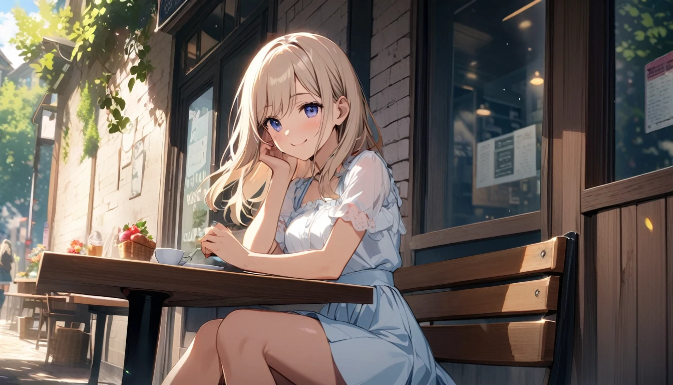 Highly detailed CG Unity 8k wallpaper), Outdoor Cafe,Beautiful young woman in sunny weather, Smiling,skirt, sit, full_body, dramatic, バックLight, Light, Volumetric Lighting, Delicate face, Simple Background、Every time I hear your voice,
Memories of that day come rushing back,
Your smile, so pure and bright,
Still shakes my heart deep inside.