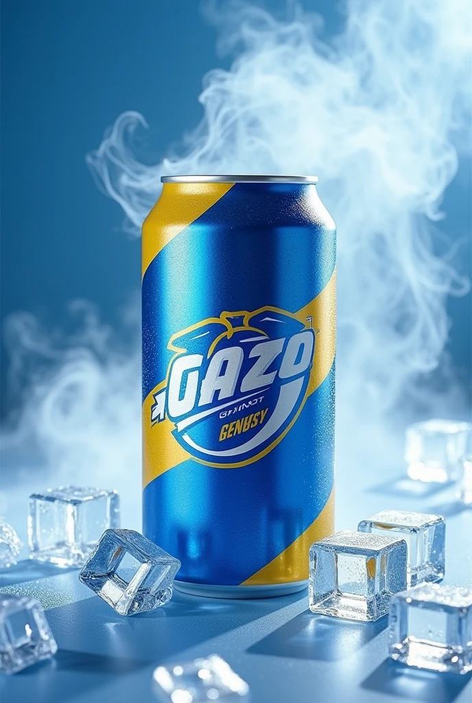 Drink can design can colour blue and pirnt design white and yellow colour can name teem background ice cubes and smoke 