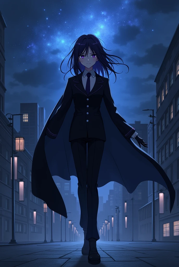 An anime character that looks nice that looks dangerous with medium long black hair and light purple eyes with a Sojiro Joshima style suit, the color of the character's black suit with dark purple Lance Crown hair style and that has a Dazai style eye design with a background of a dusk landscape with the shine of the blue stars with buildings that look good like a demon and also that has black shoes, serious and psychopathic personality, an Okita version that looks white and looks alone fighting with a girl in a Tertin style suit from Scissor Seven white with a Brunilda style tuft from Record Of Ragnarok holding hands with the rest of the Assassins very cute and big surrounded by bad characters who want to finish him off with a psychopathic appearance