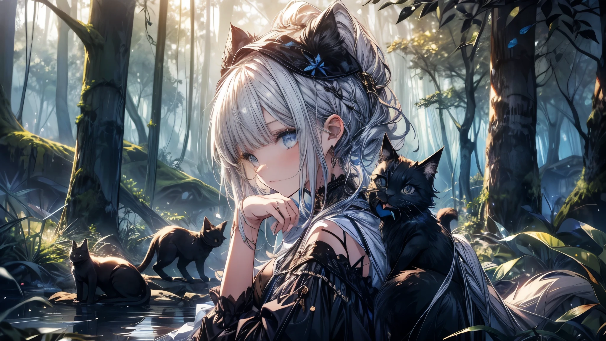 A girl is sleeping in a forest, surrounded by various animals. The girl has short hemp-colored hair and a well-defined face. Among the animals is a black cat.
