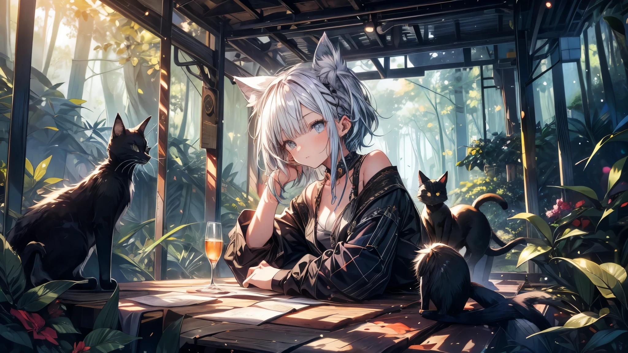 A girl is sleeping in a forest, surrounded by various animals. The girl has short hemp-colored hair and a well-defined face. Among the animals is a black cat.