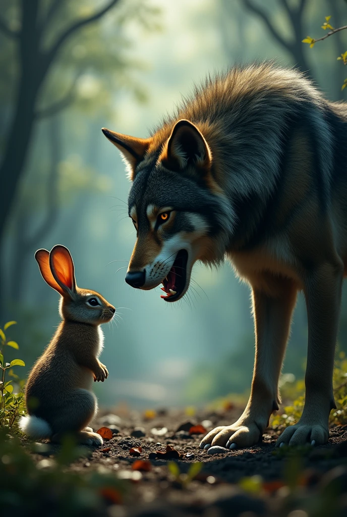 Voici une version corrigée et améliorée de l'histoire :

- Un jour, le loup, venant de finir sa proie, croise le lapin, qui, effrayé, tente de fuir.
- Le loup l'arrête et lui dit qu'il a une question à lui poser ; s'il répond correctement, il sera épargné.
- Le lapin accepte et le loup lui demande de lui dire trois vérités.
- Le lapin répond : "Premièrement, si j'avais su que nous nous rencontrerions, je n'aurais pas pris ce chemin. Deuxièmement, je sais que vous êtes rassasié, sinon nous ne parlerions pas ainsi. Troisièmement, si vous m'épargnez aujourd'hui, je deviendrai votre proie si nous nous rencontrons à nouveau."
- Le loup, impressionné par la sincérité et l'honnêteté du lapin, décide de le laisser partir.